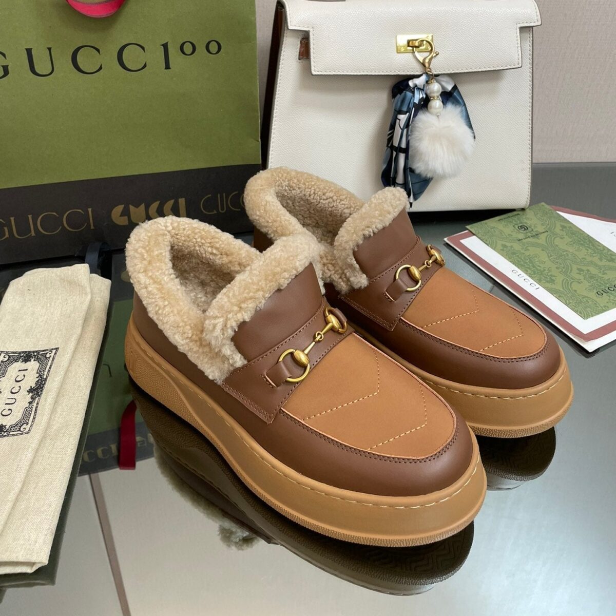 GG LOAFER IN PEANUT BROWN AND CHOCOLATE BROWN CALFSKIN WITH BEIGE WOOL LINING - 图片 1