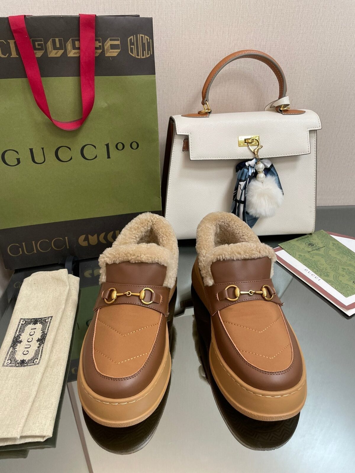 GG LOAFER IN PEANUT BROWN AND CHOCOLATE BROWN CALFSKIN WITH BEIGE WOOL LINING - 图片 5