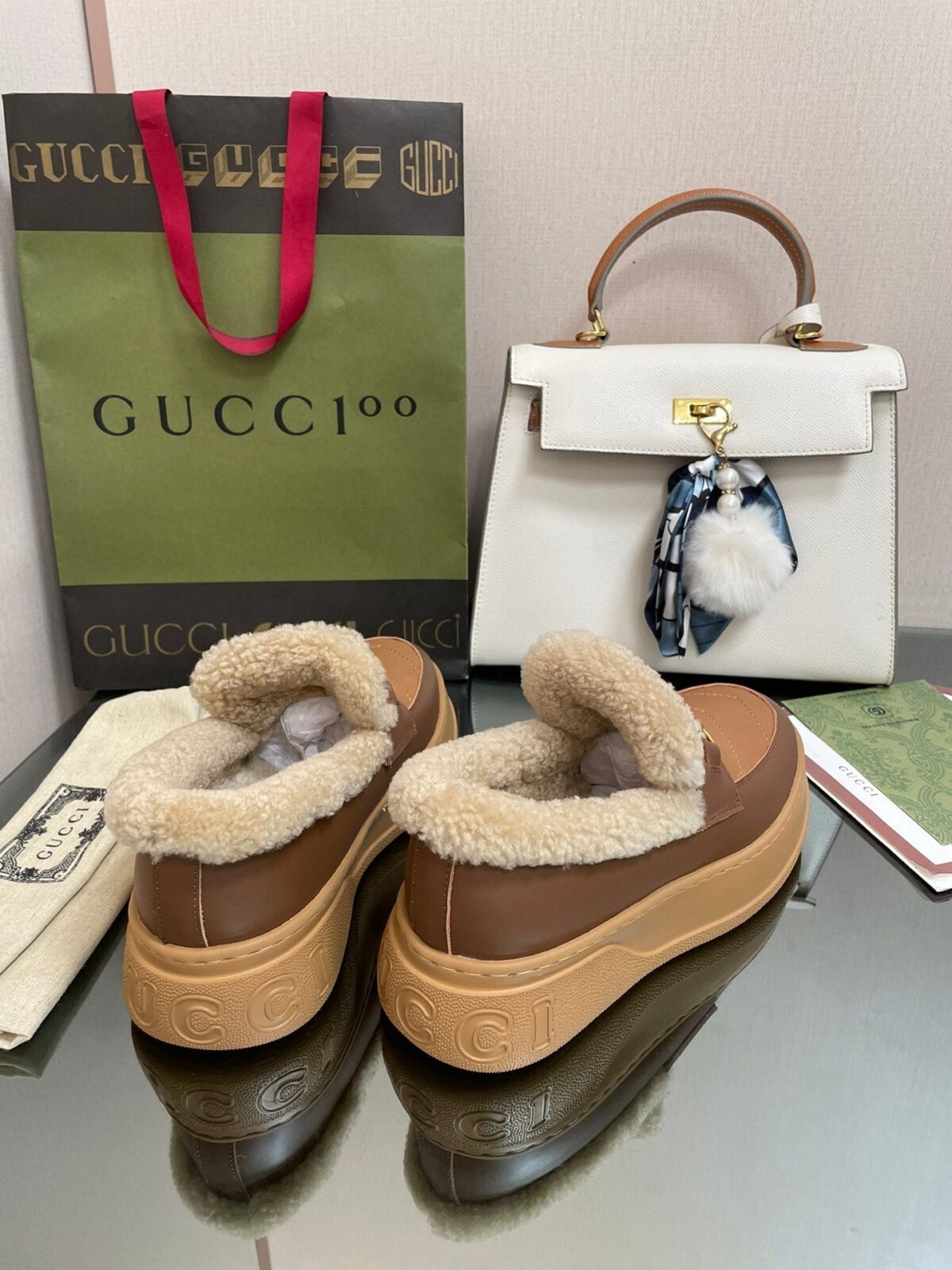 GG LOAFER IN PEANUT BROWN AND CHOCOLATE BROWN CALFSKIN WITH BEIGE WOOL LINING - 图片 7