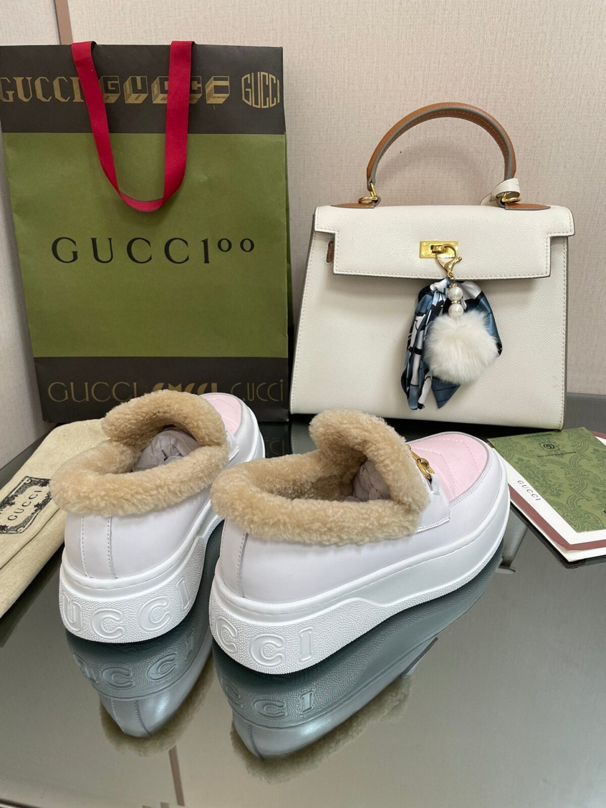 GG LOAFER IN WHITE MIX LIGHT PINK CALFSKIN WITH BEIGE WOOL LINING - 图片 8