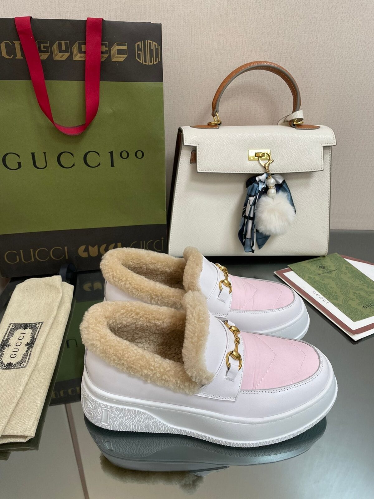 GG LOAFER IN WHITE MIX LIGHT PINK CALFSKIN WITH BEIGE WOOL LINING - 图片 3
