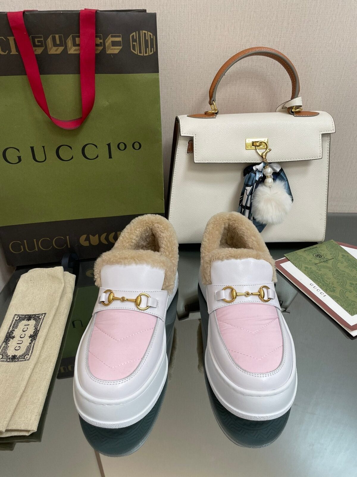 GG LOAFER IN WHITE MIX LIGHT PINK CALFSKIN WITH BEIGE WOOL LINING - 图片 2