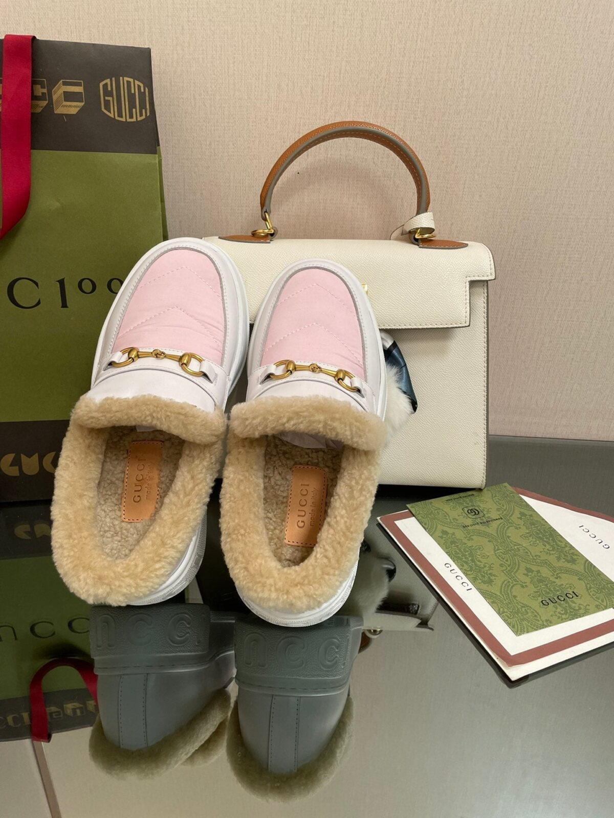 GG LOAFER IN WHITE MIX LIGHT PINK CALFSKIN WITH BEIGE WOOL LINING - 图片 7