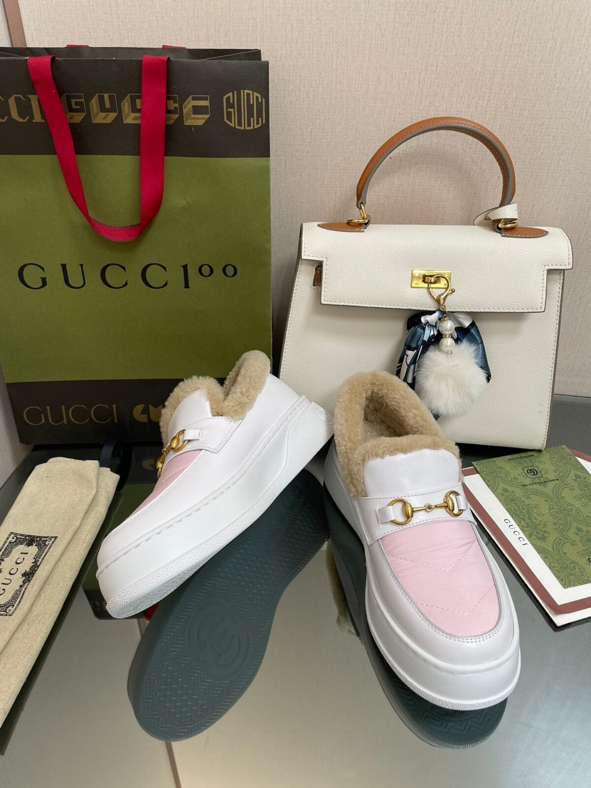 GG LOAFER IN WHITE MIX LIGHT PINK CALFSKIN WITH BEIGE WOOL LINING - 图片 5