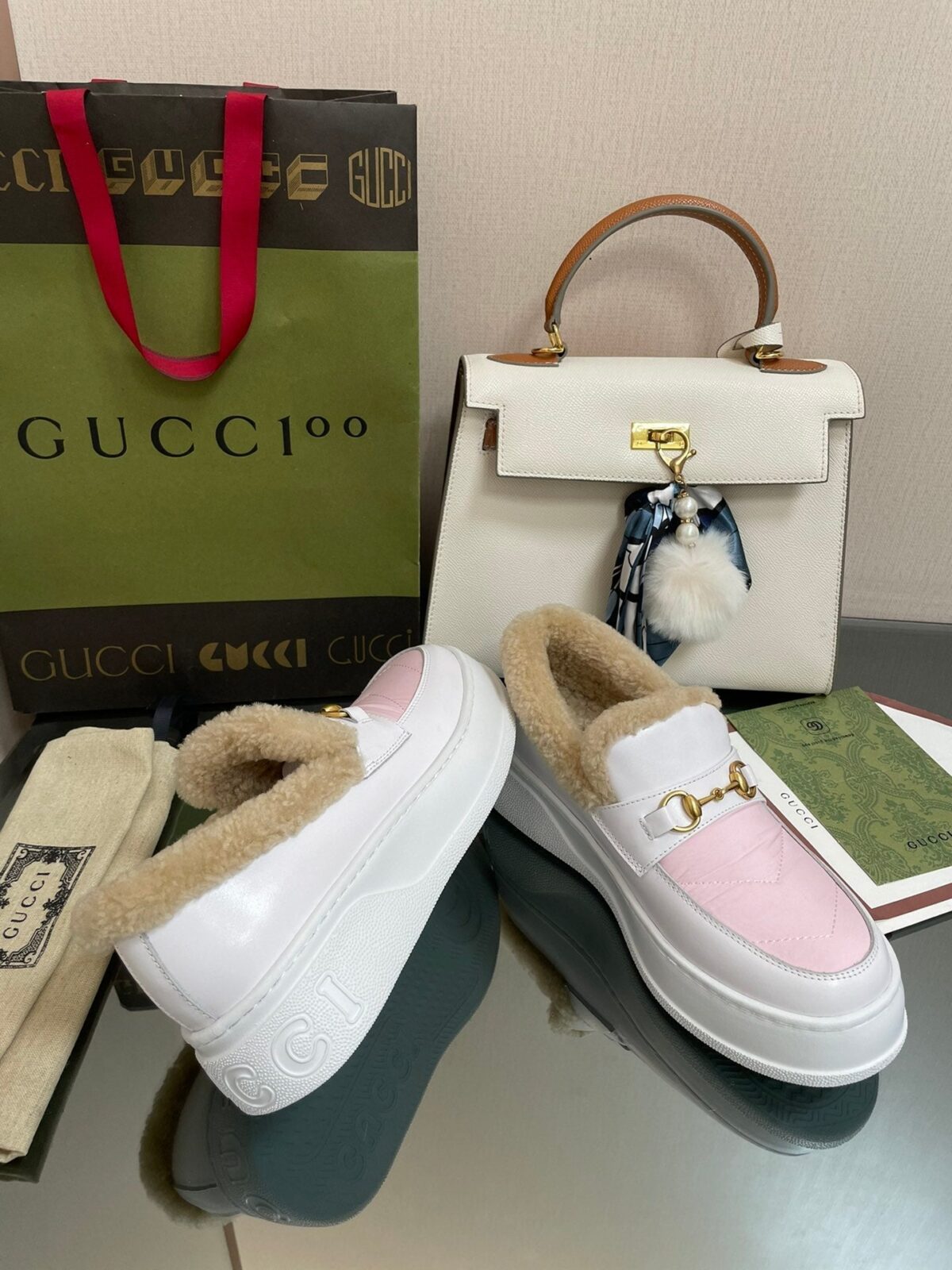 GG LOAFER IN WHITE MIX LIGHT PINK CALFSKIN WITH BEIGE WOOL LINING - 图片 4