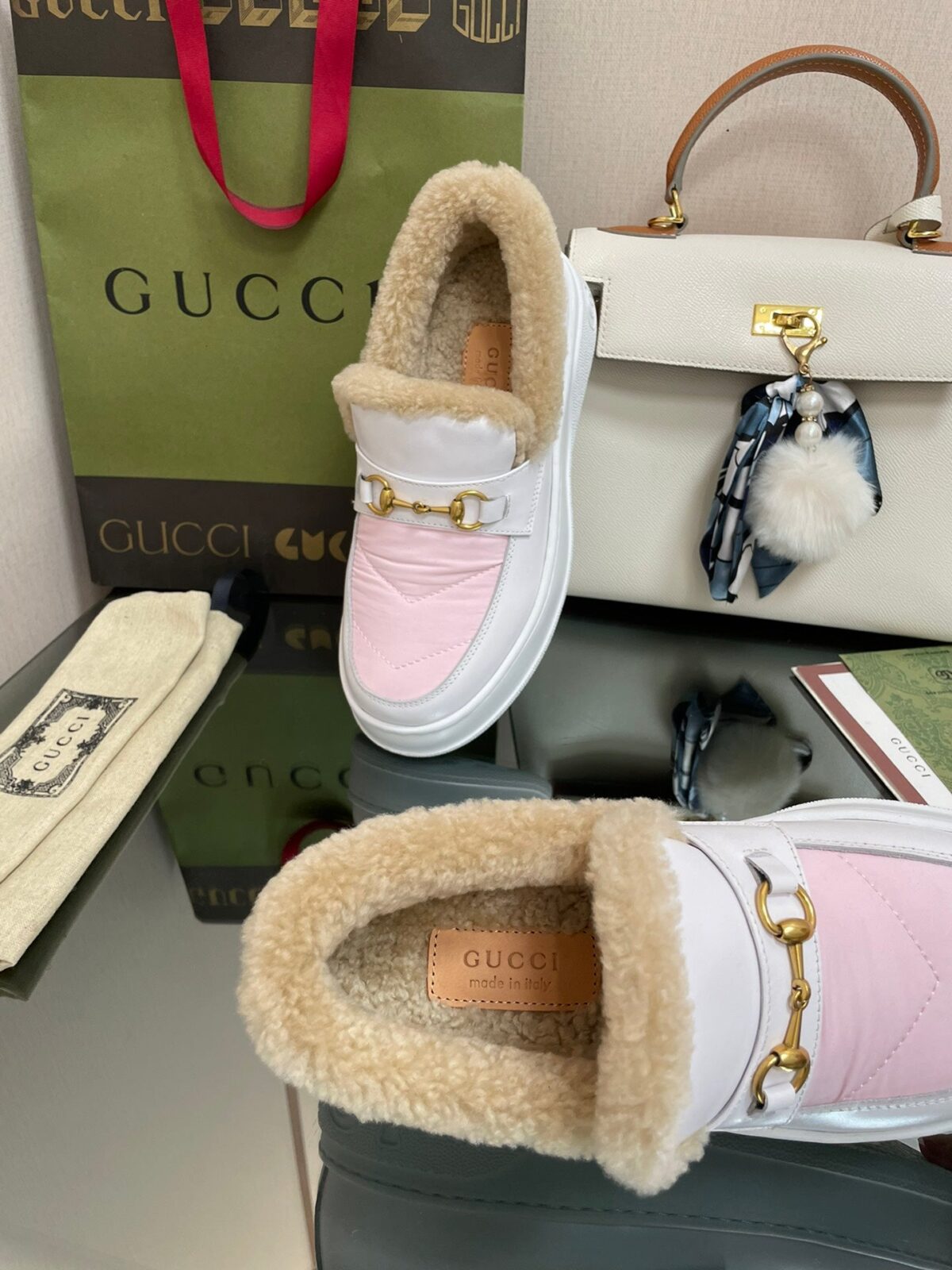 GG LOAFER IN WHITE MIX LIGHT PINK CALFSKIN WITH BEIGE WOOL LINING - 图片 6