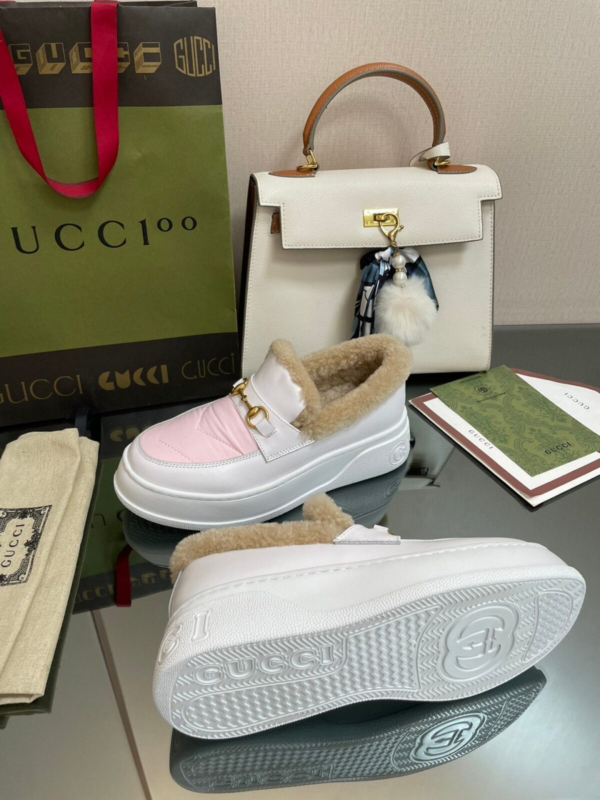 GG LOAFER IN WHITE MIX LIGHT PINK CALFSKIN WITH BEIGE WOOL LINING - 图片 9
