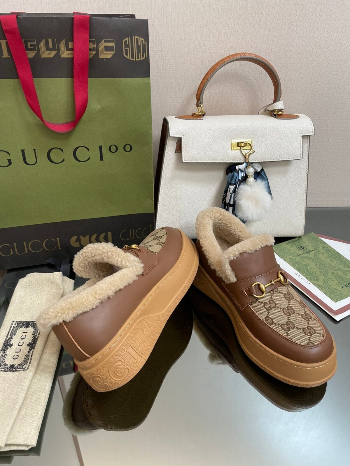 GG LOAFER IN PEANUT BROWN JACQUARD AND CHOCOLATE BROWN CALFSKIN WITH BEIGE WOOL LINING - 图片 8