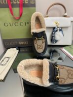 GG LOAFER IN PEANUT BROWN JACQUARD AND BLACK CALFSKIN WITH BEIGE WOOL LINING - 图片 8