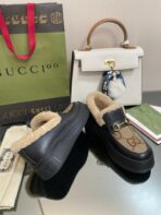 GG LOAFER IN PEANUT BROWN JACQUARD AND BLACK CALFSKIN WITH BEIGE WOOL LINING - 图片 6
