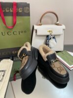 GG LOAFER IN PEANUT BROWN JACQUARD AND BLACK CALFSKIN WITH BEIGE WOOL LINING - 图片 5