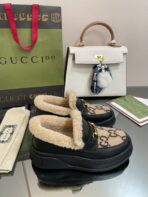 GG LOAFER IN CAMEL BROWN JACQUARD AND BLACK CALFSKIN WITH BEIGE WOOL LINING - 图片 3