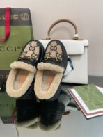 GG LOAFER IN CAMEL BROWN JACQUARD AND BLACK CALFSKIN WITH BEIGE WOOL LINING - 图片 8