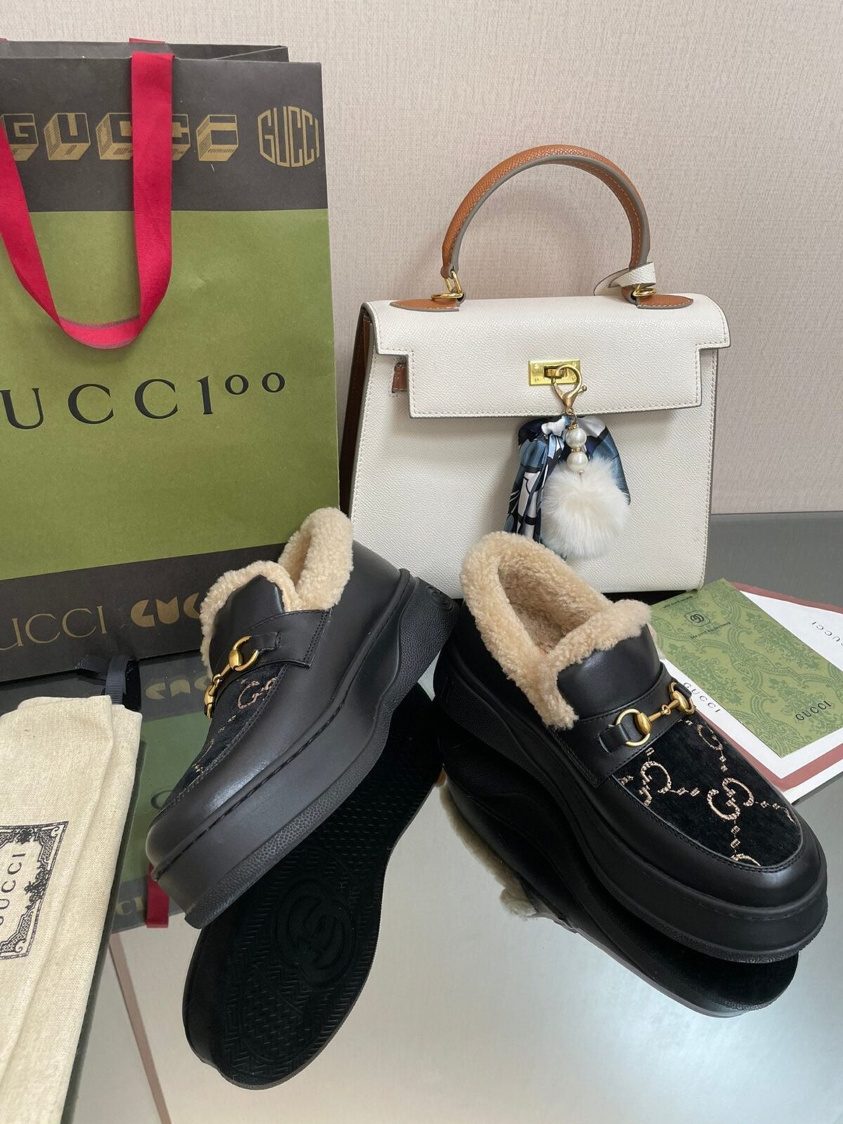 GG LOAFER IN BLACK JACQUARD AND CALFSKIN WITH BEIGE WOOL LINING - 图片 5