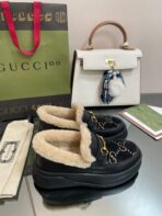 GG LOAFER IN BLACK JACQUARD AND CALFSKIN WITH BEIGE WOOL LINING - 图片 2