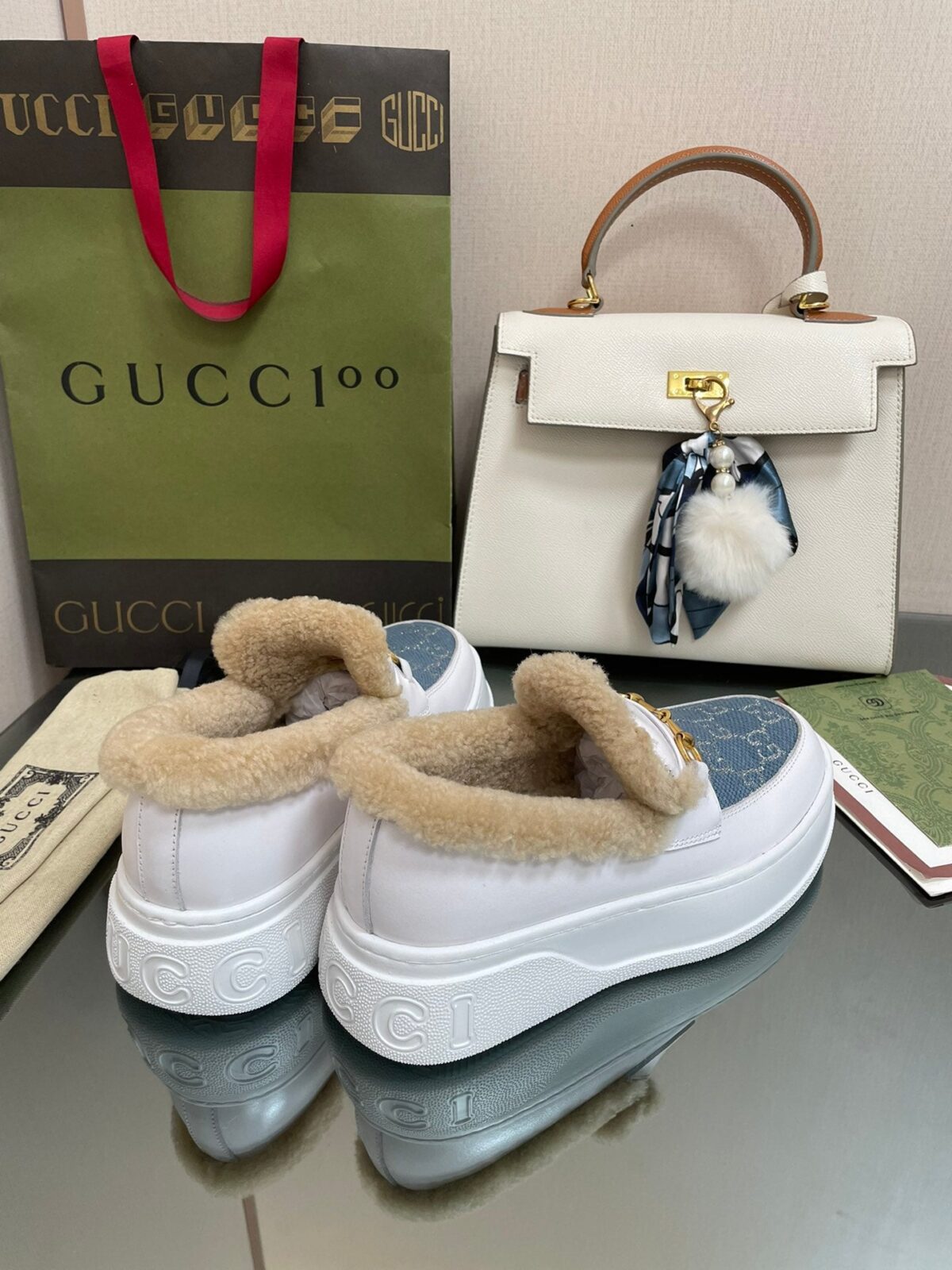 GG LOAFER IN BLUE JACQUARD MIX WHITE CALFSKIN WITH BEIGE WOOL LINING - 图片 7