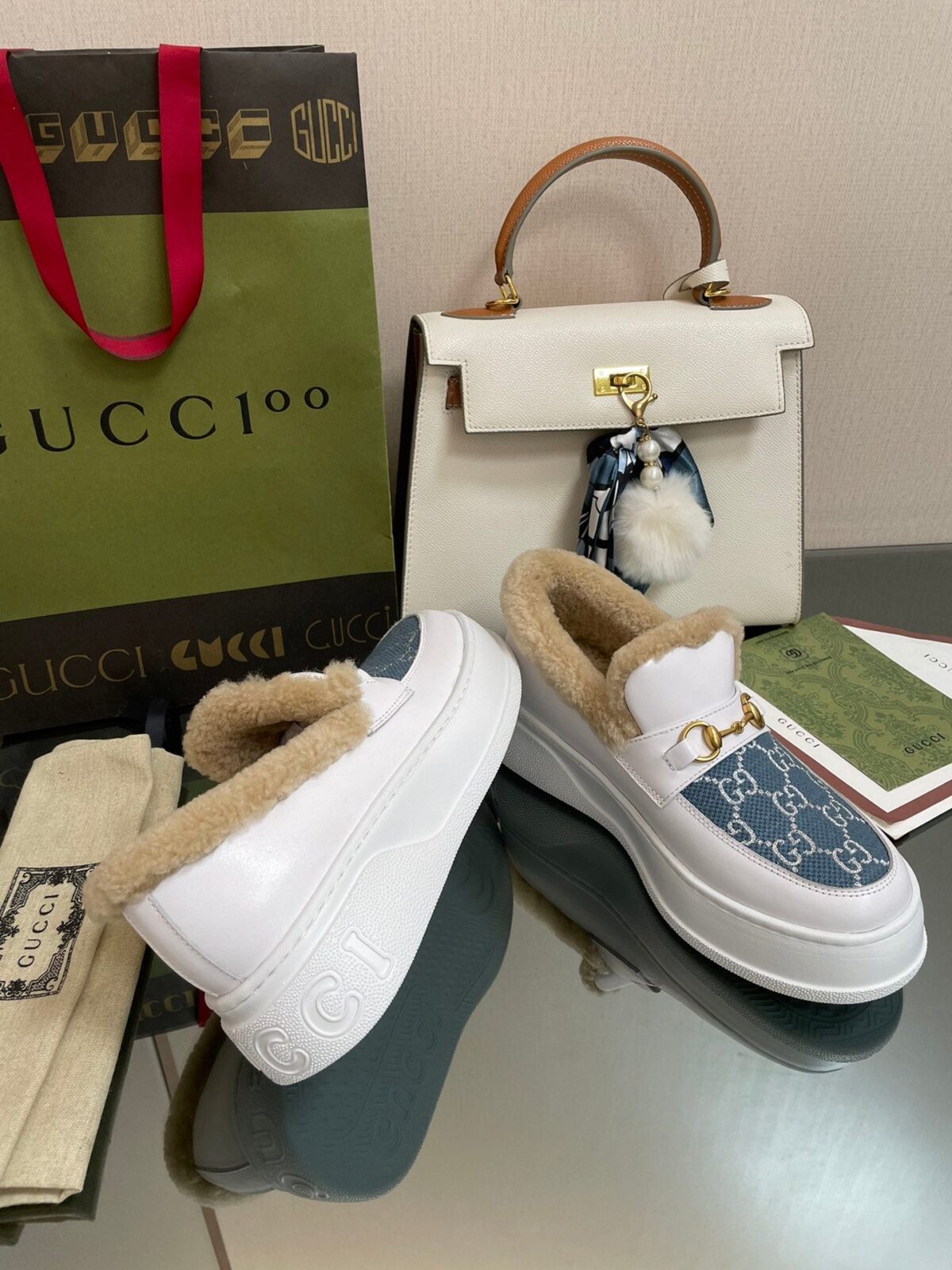 GG LOAFER IN BLUE JACQUARD MIX WHITE CALFSKIN WITH BEIGE WOOL LINING - 图片 8