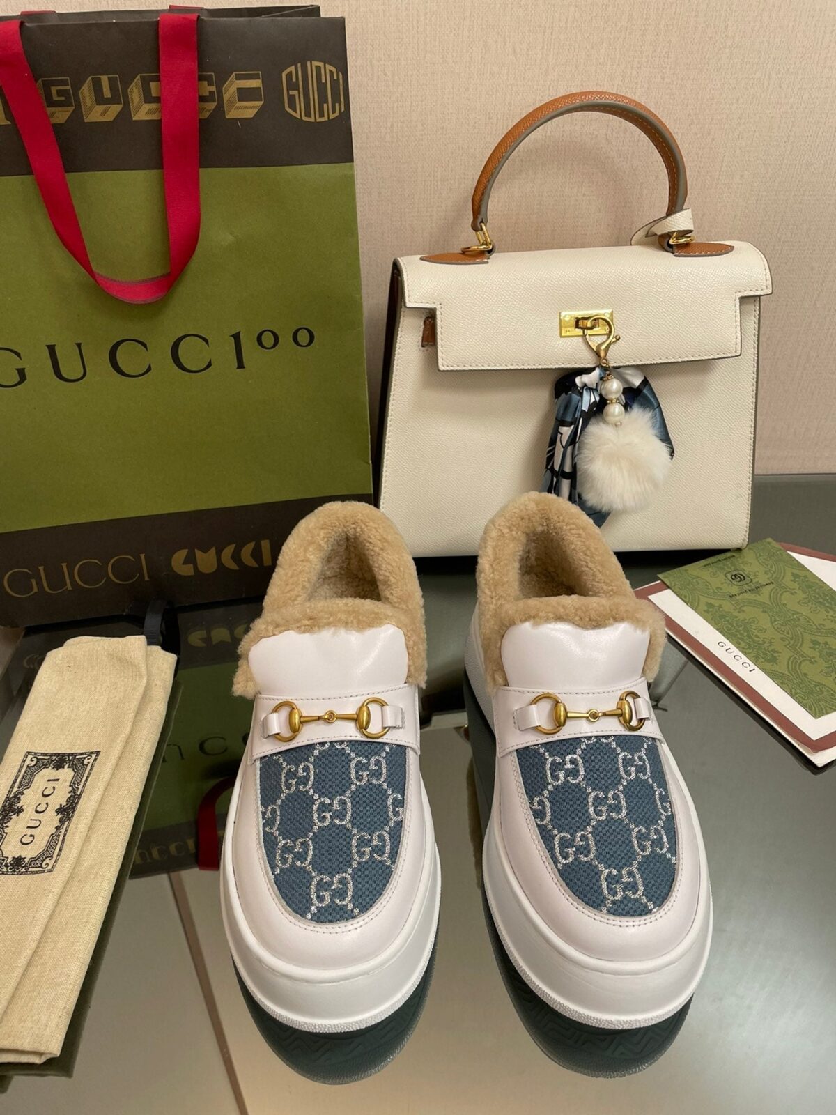 GG LOAFER IN BLUE JACQUARD MIX WHITE CALFSKIN WITH BEIGE WOOL LINING - 图片 3