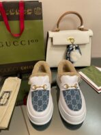 GG LOAFER IN BLUE JACQUARD MIX WHITE CALFSKIN WITH BEIGE WOOL LINING - 图片 3