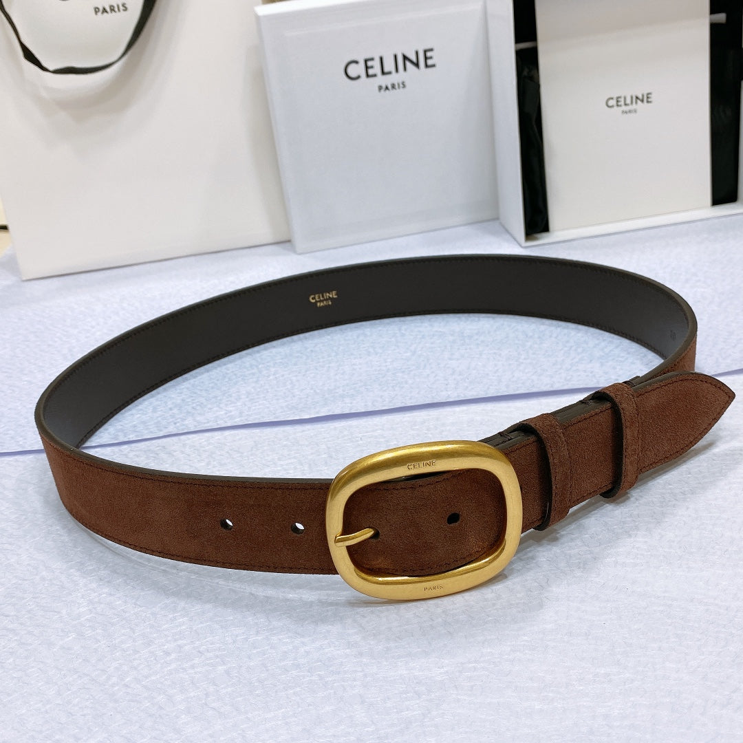 20230603_i1685776060_3302_0_jpg_19a711a0-cb09-4c69-b0f4-683d3ccda08b.jpg CL LARGE 35 MM BELT IN CHOCOLATE BROWN SUEDE GOLD HARDWARE - 图片 1