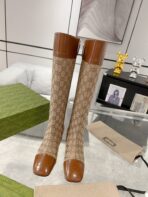 GG KNEE BOOTS IN BRONZE BROWN MONOGRAM CANVAS AND GLOSSY SHEEPSKIN - 图片 8