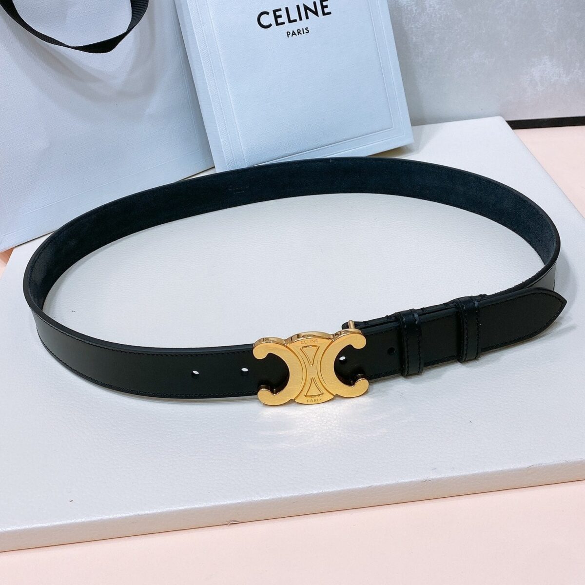CL LARGE 30 MM TRIOMPHE BELT IN BLACK AND GOLD HARDWARE - 图片 1