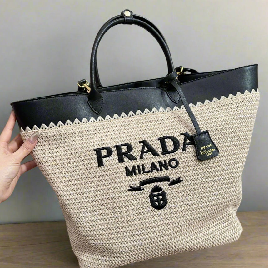 imgHD_9af7c1b1_20250314_i1741958956795_7247_0_1_jpg.jpg CROCHET TOTE BAG 32 IN BEIGE WOVEN RAFFIA WITH BLACK CALFSKIN STRAP - 图片 1
