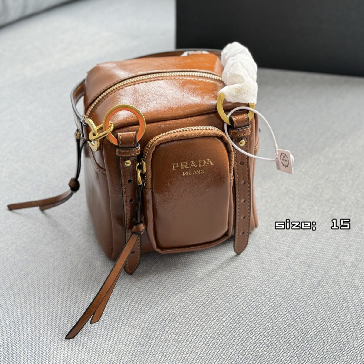 DANGLE TOP HANDLE MINI BAG 15 IN BROWN PATENT CALFSKIN - 图片 3