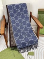 GG JACQUARD WOOL SCARF DENIM BLUE MIX COFFEE BROWN 398286 - 图片 5