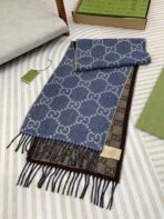 GG JACQUARD WOOL SCARF DENIM BLUE MIX COFFEE BROWN 398286 - 图片 4