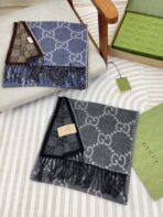 GG JACQUARD WOOL SCARF DENIM BLUE MIX COFFEE BROWN 398286 - 图片 7