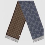 GG JACQUARD WOOL SCARF DENIM BLUE MIX COFFEE BROWN 398286 - 图片 2