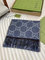 GG JACQUARD WOOL SCARF DENIM BLUE MIX COFFEE BROWN 398286 - 图片 3