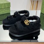 DAD SANDALS IN BLACK FLEECE WITH GOLD HARDWARE