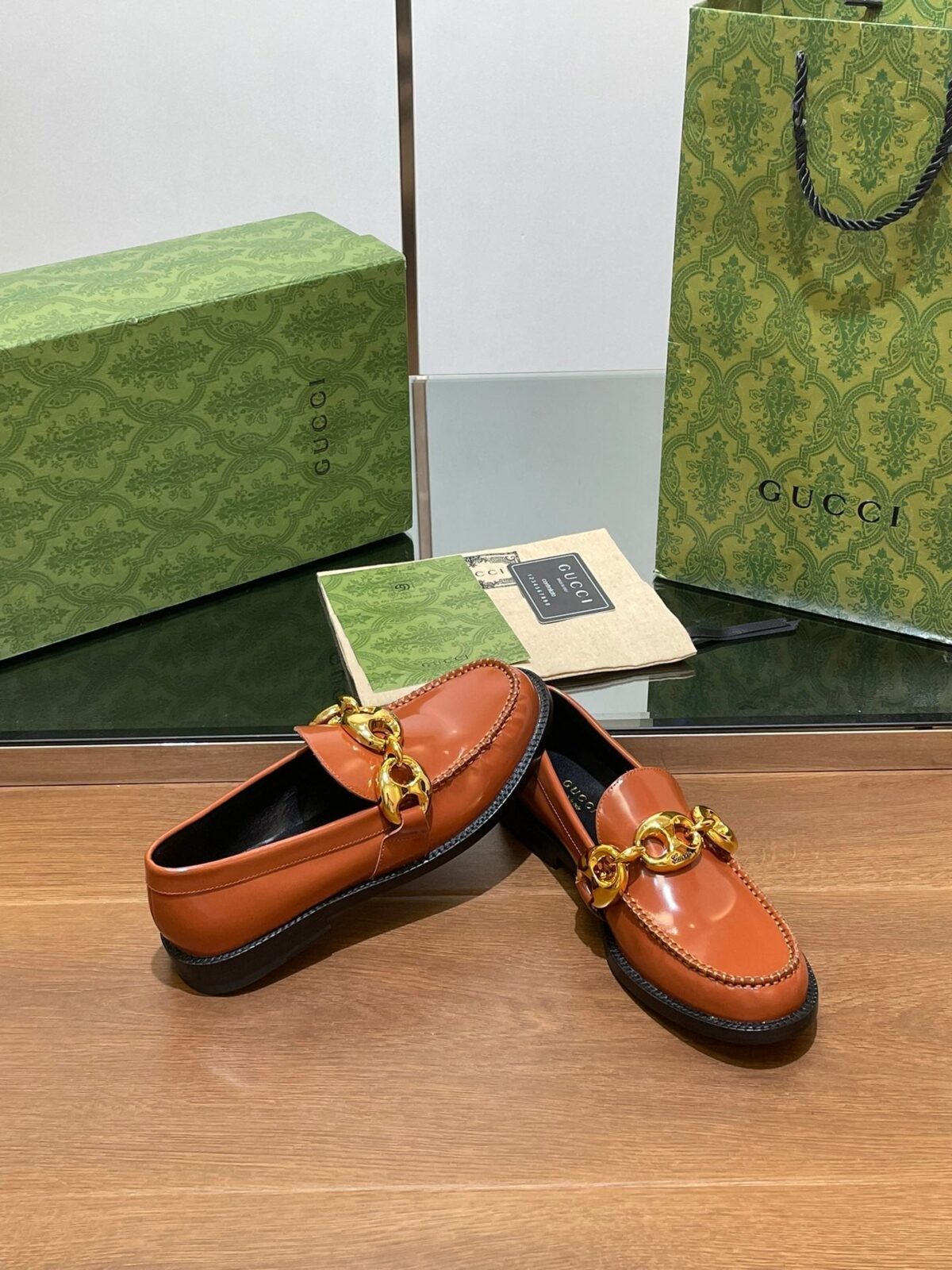 GG LOAFER SHOES IN BRONZE BROWN CALFSKIN WITH GOLD HARDWARE - 图片 7