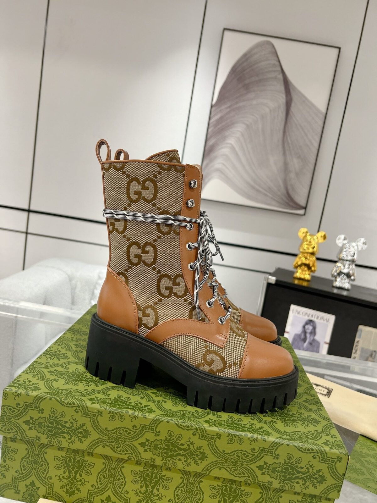 GG LACE-UP SHORT BOOTS IN CINNAMON BROWN CANVAS MIX CALFSKIN - 图片 4