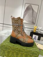 GG LACE-UP SHORT BOOTS IN CINNAMON BROWN CANVAS MIX CALFSKIN - 图片 4