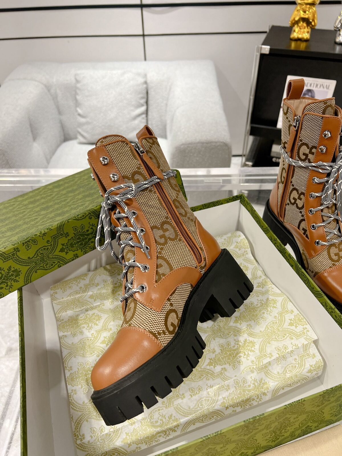 GG LACE-UP SHORT BOOTS IN CINNAMON BROWN CANVAS MIX CALFSKIN - 图片 5