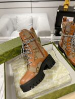 GG LACE-UP SHORT BOOTS IN CINNAMON BROWN CANVAS MIX CALFSKIN - 图片 5