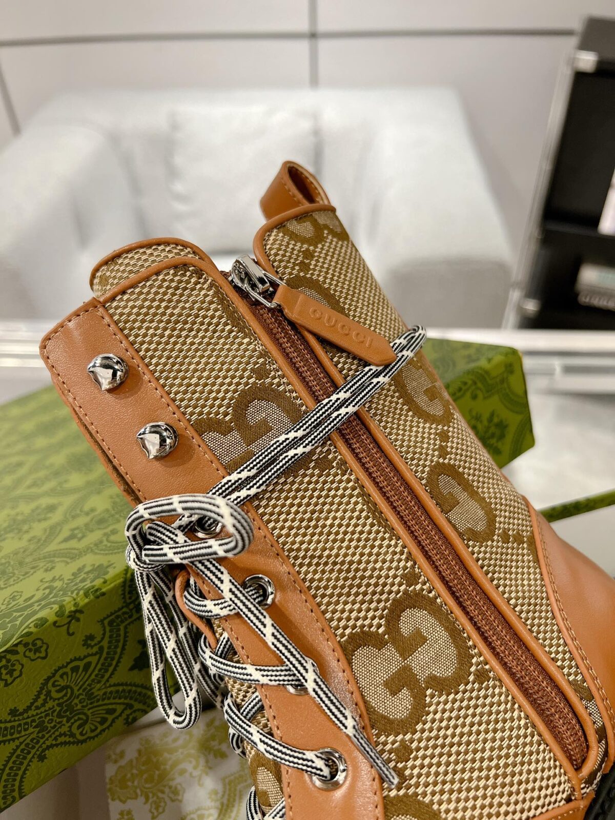 GG LACE-UP SHORT BOOTS IN CINNAMON BROWN CANVAS MIX CALFSKIN - 图片 7