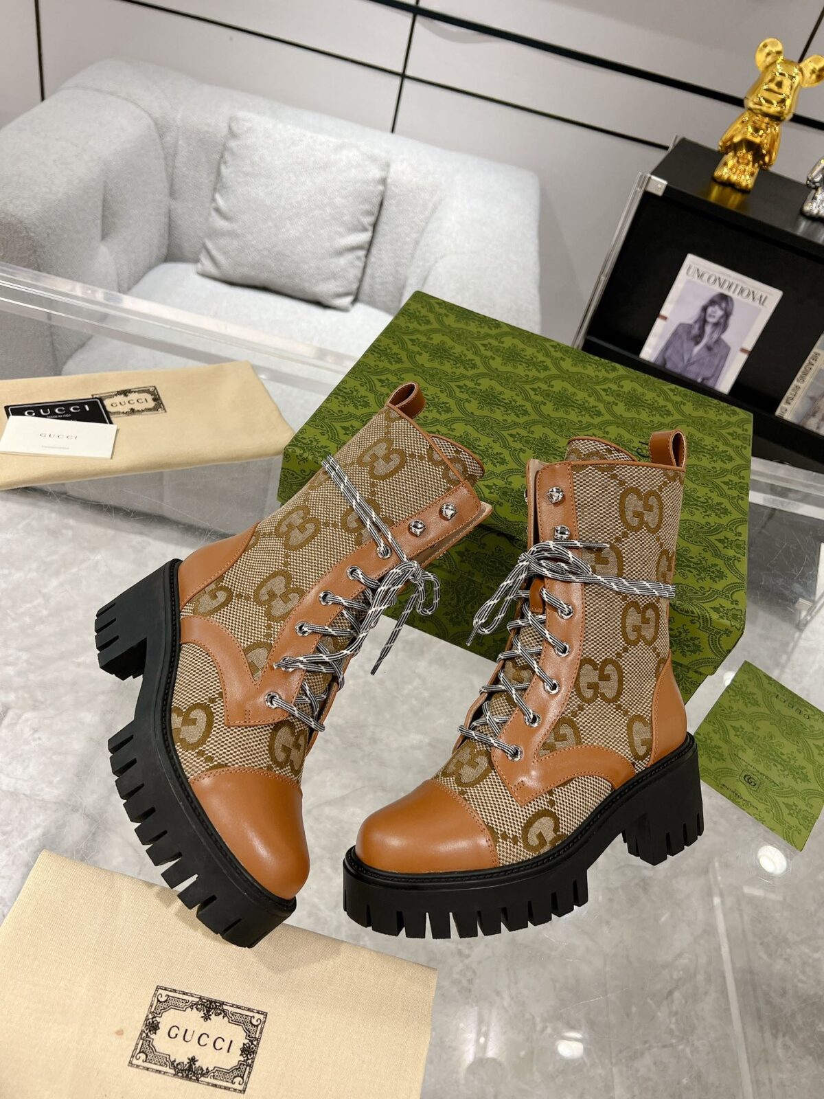 GG LACE-UP SHORT BOOTS IN CINNAMON BROWN CANVAS MIX CALFSKIN - 图片 9
