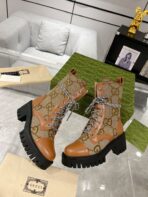 GG LACE-UP SHORT BOOTS IN CINNAMON BROWN CANVAS MIX CALFSKIN - 图片 9