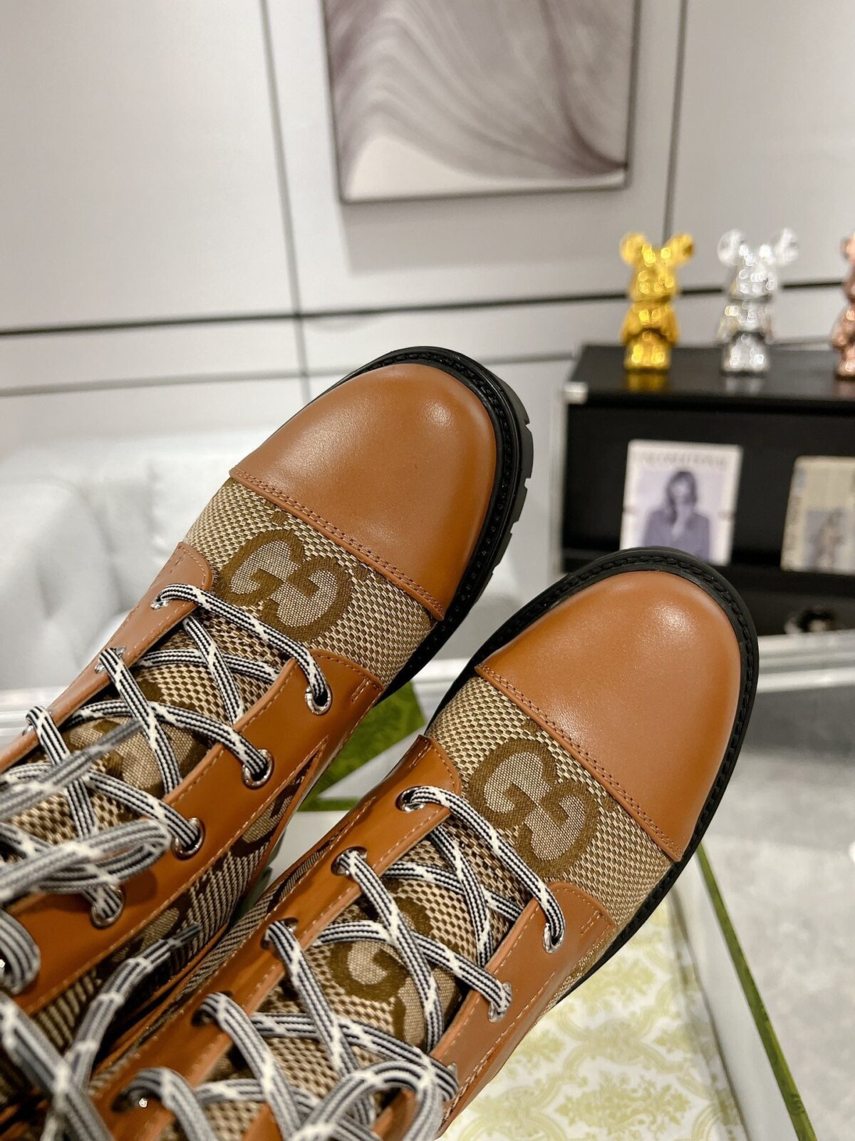 GG LACE-UP SHORT BOOTS IN CINNAMON BROWN CANVAS MIX CALFSKIN - 图片 3