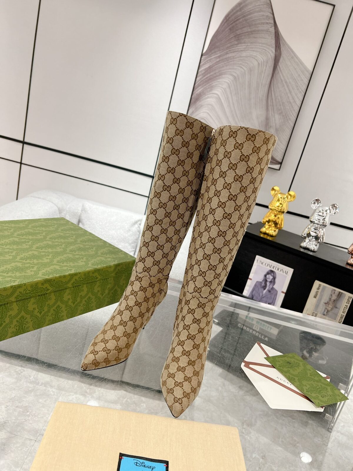 GG KNEE BOOTS IN BEIGE MONOGRAM JACQUARD FABRIC AND CALFSKIN LINING - 图片 4