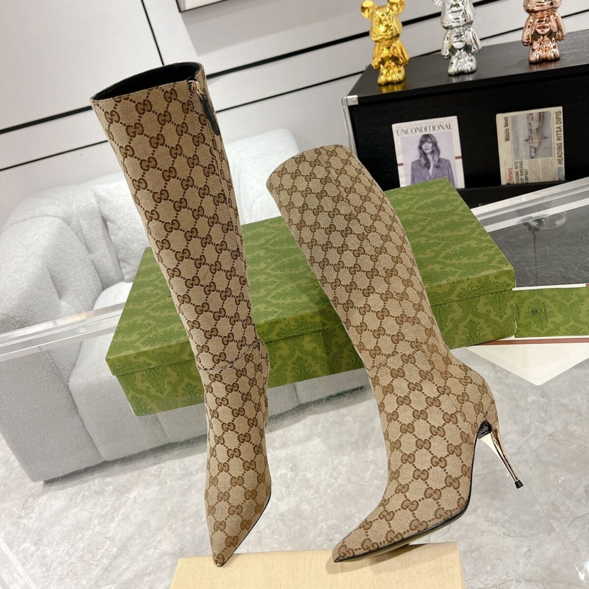 GG KNEE BOOTS IN BEIGE MONOGRAM JACQUARD FABRIC AND CALFSKIN LINING - 图片 1