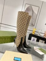 GG KNEE BOOTS IN BEIGE MONOGRAM JACQUARD FABRIC AND BLACK CALFSKIN - 图片 8