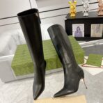 GG KNEE BOOTS IN BLACK CALFSKIN WITH GOLD PLATED HEEL