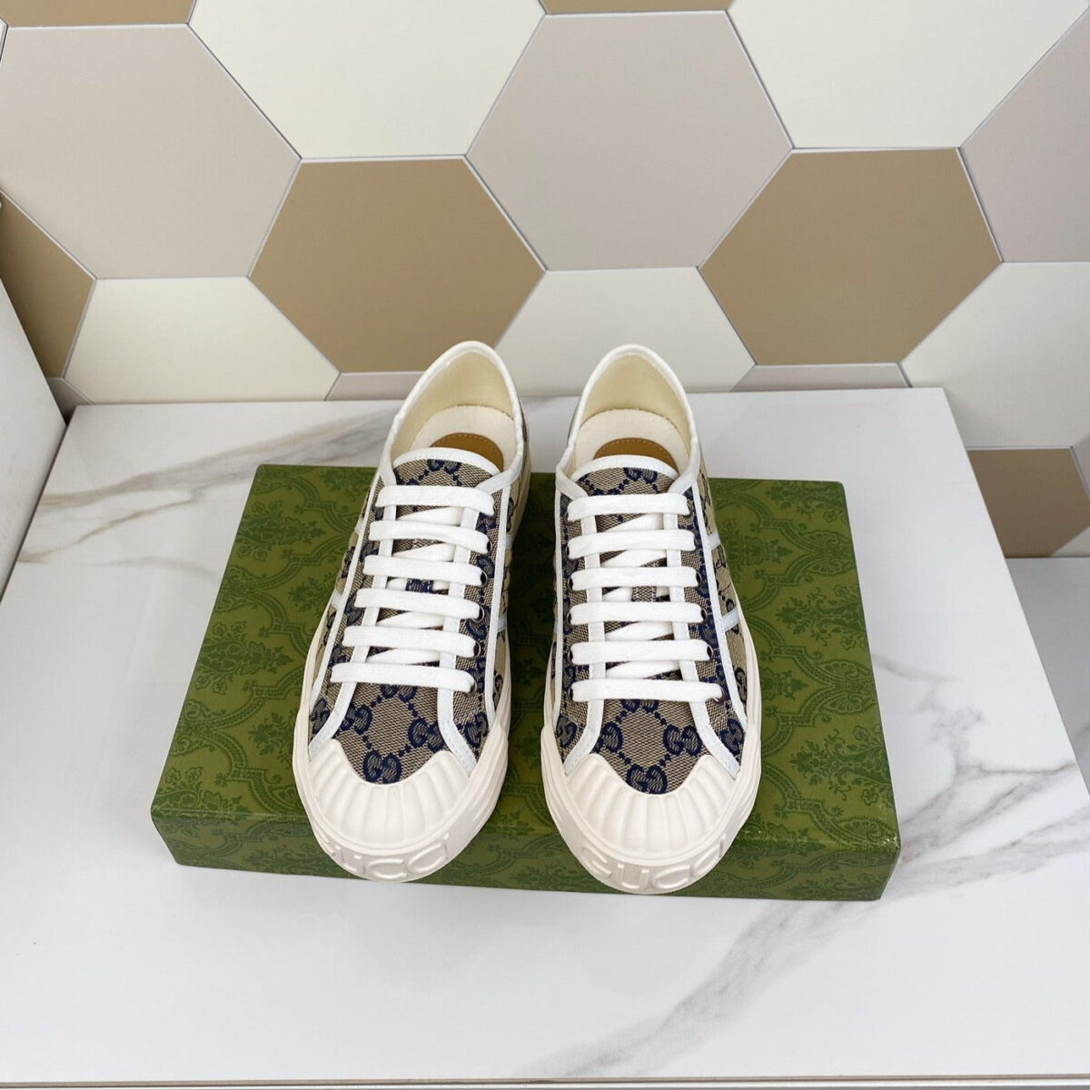 GG JULIO SNEAKER WITH WEB NAVY PATTERNED CANVAS - 图片 1