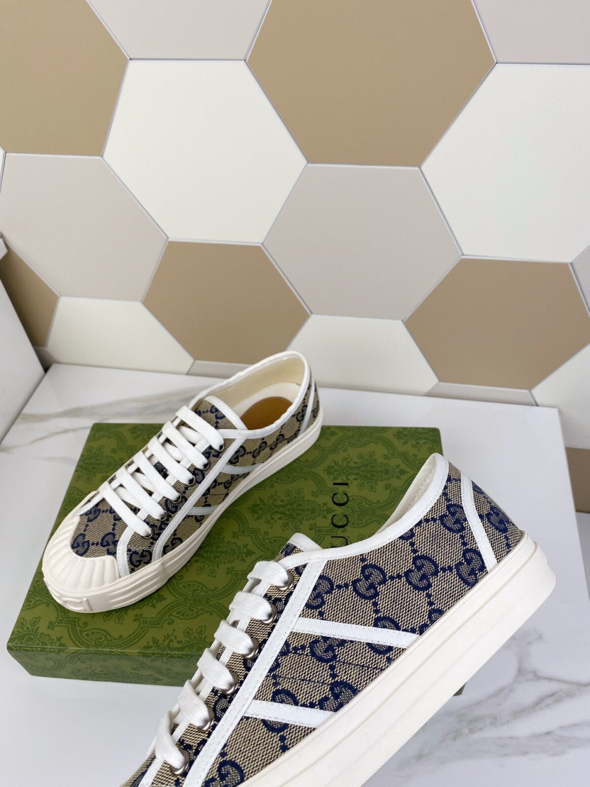 GG JULIO SNEAKER WITH WEB NAVY PATTERNED CANVAS - 图片 7