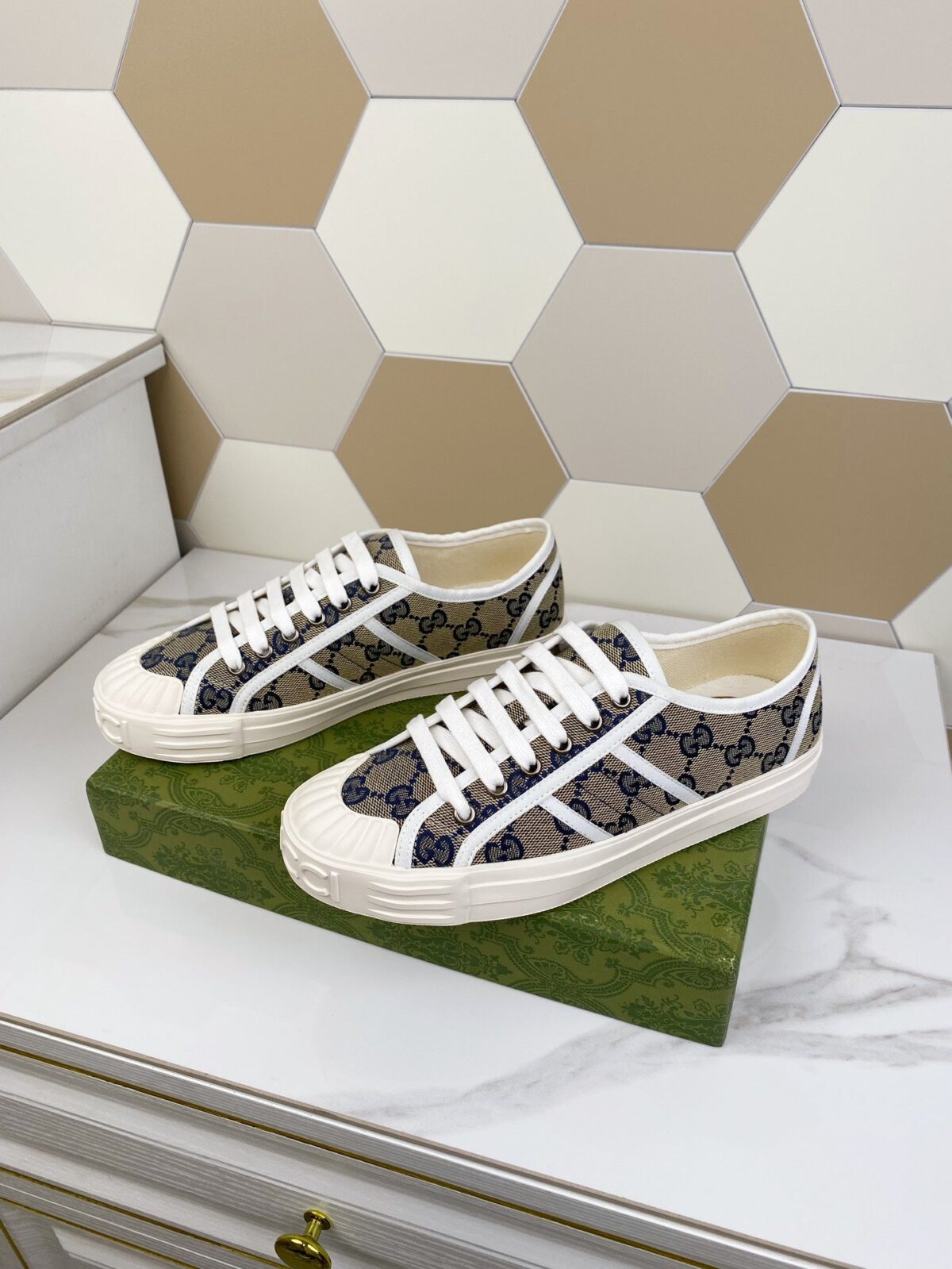 GG JULIO SNEAKER WITH WEB NAVY PATTERNED CANVAS - 图片 3